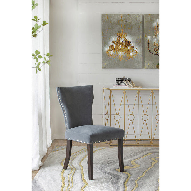 Studded Grey Velvet Look Armless Dining Chairs Set of 2