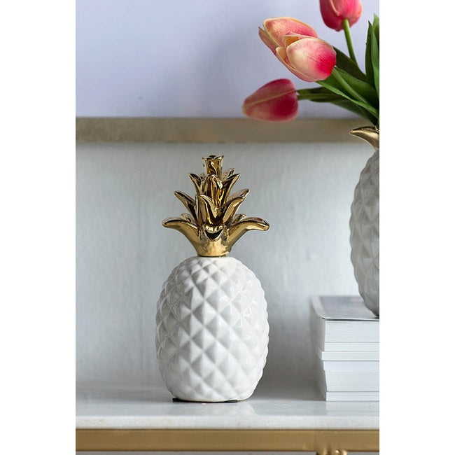 White Pineapple with a Gold Crown Ornament