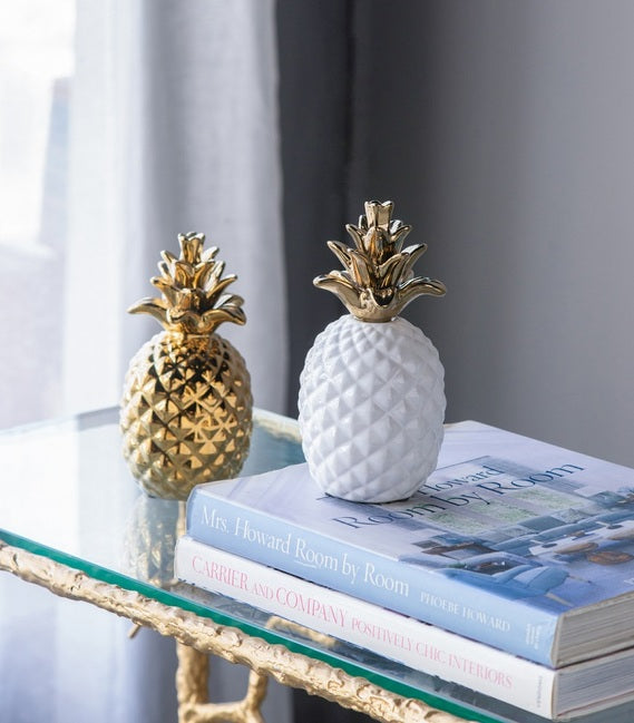 White Pineapple with a Gold Crown Ornament