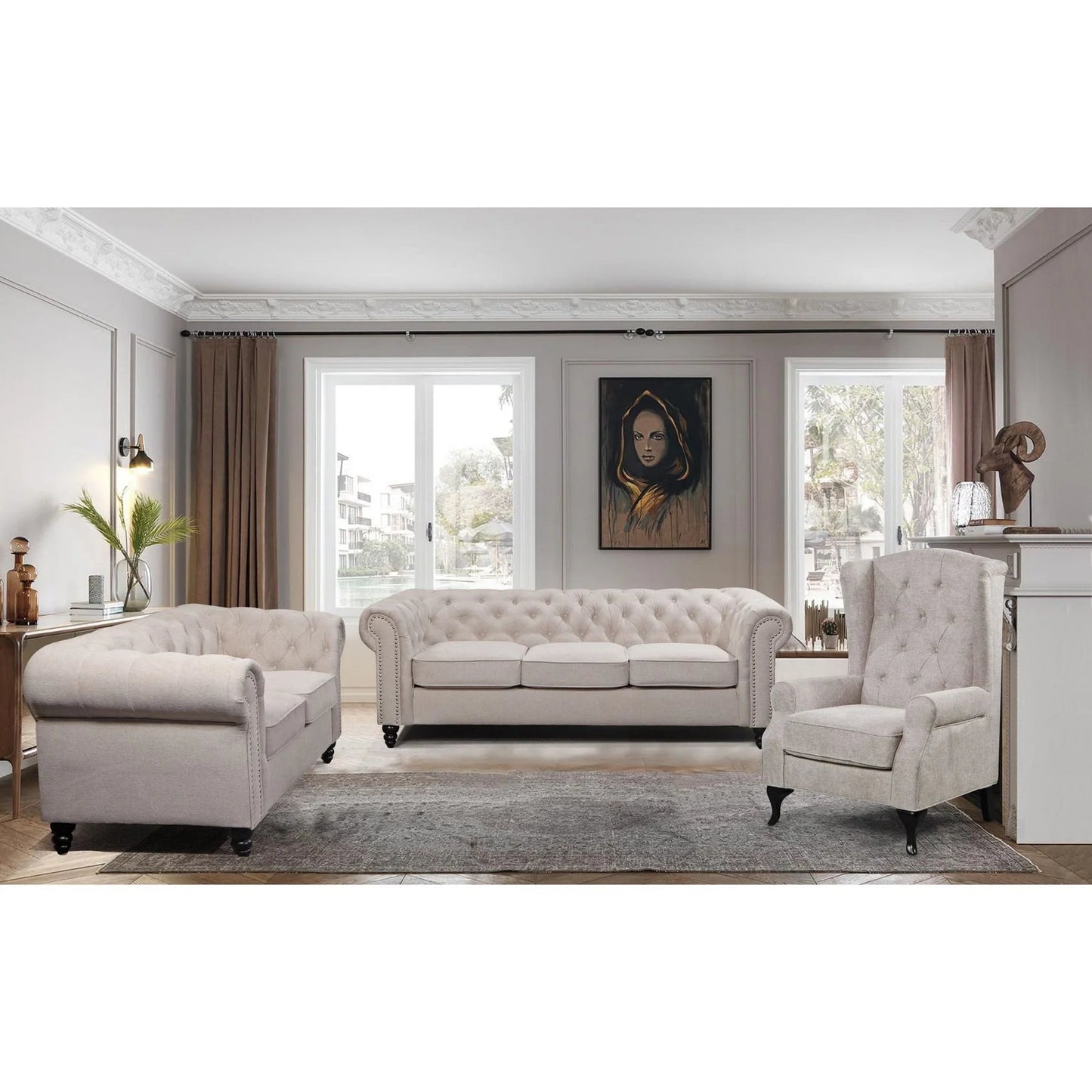 3 + 2 Seater Sofa Fabric Upholstered Chesterfield Lounge Couch - Beige