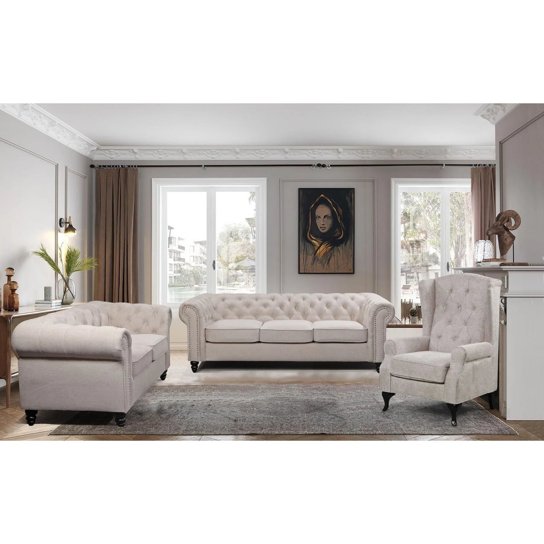 3 + 2 Seater Sofa Fabric Upholstered Chesterfield Lounge Couch - Beige