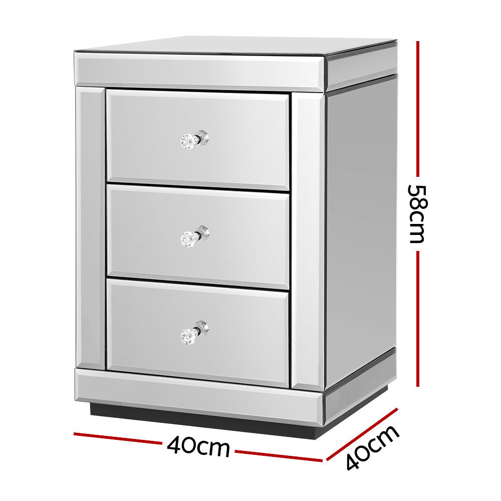 3 Drawers Mirrored Bedside Table - Silver