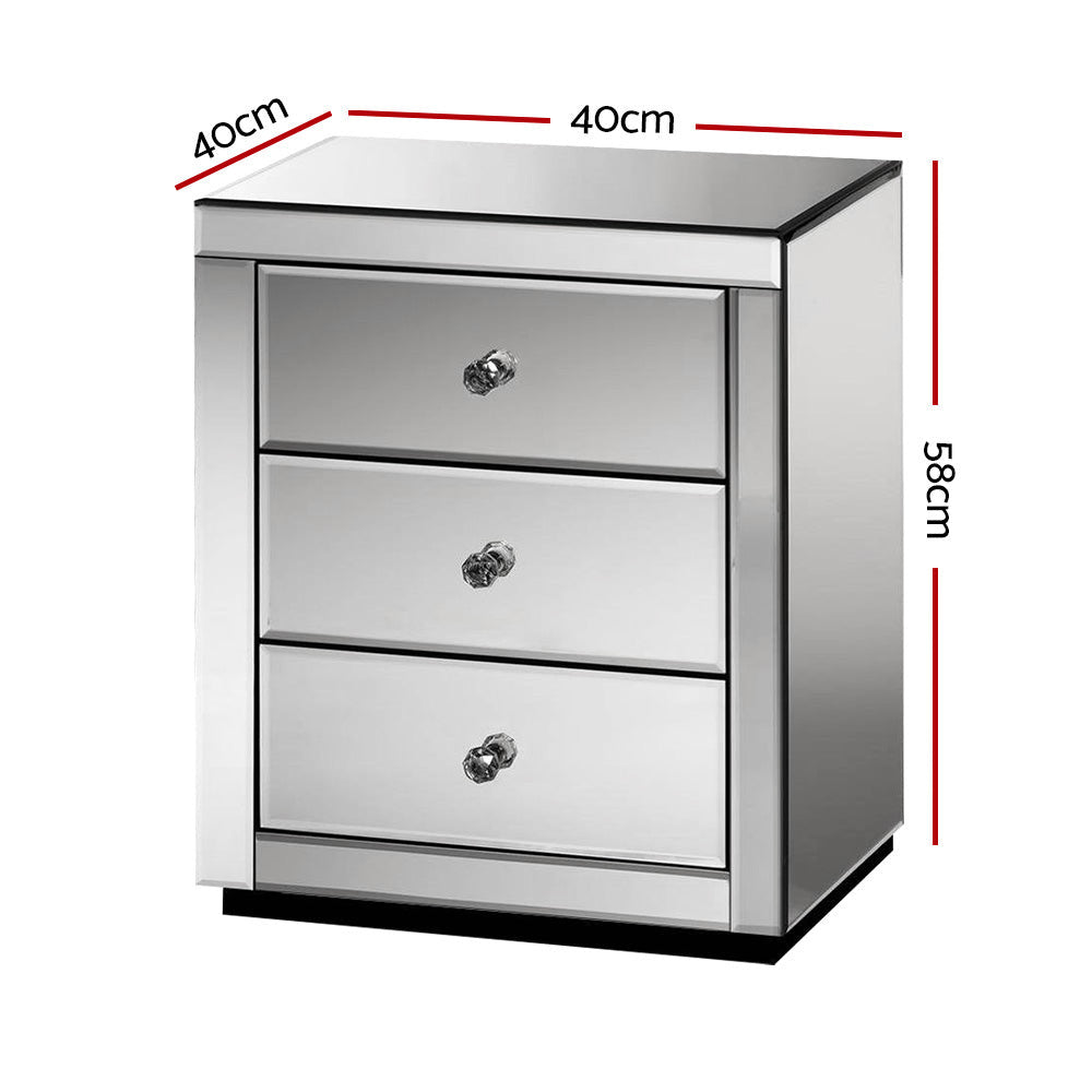 3 Drawers Mirrored Bedside Table - Grey