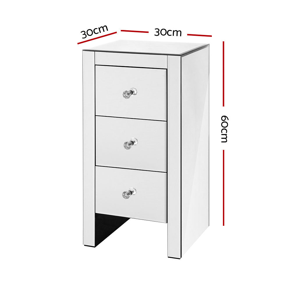 3 Drawers Mirrored Slim Bedside Table - Silver