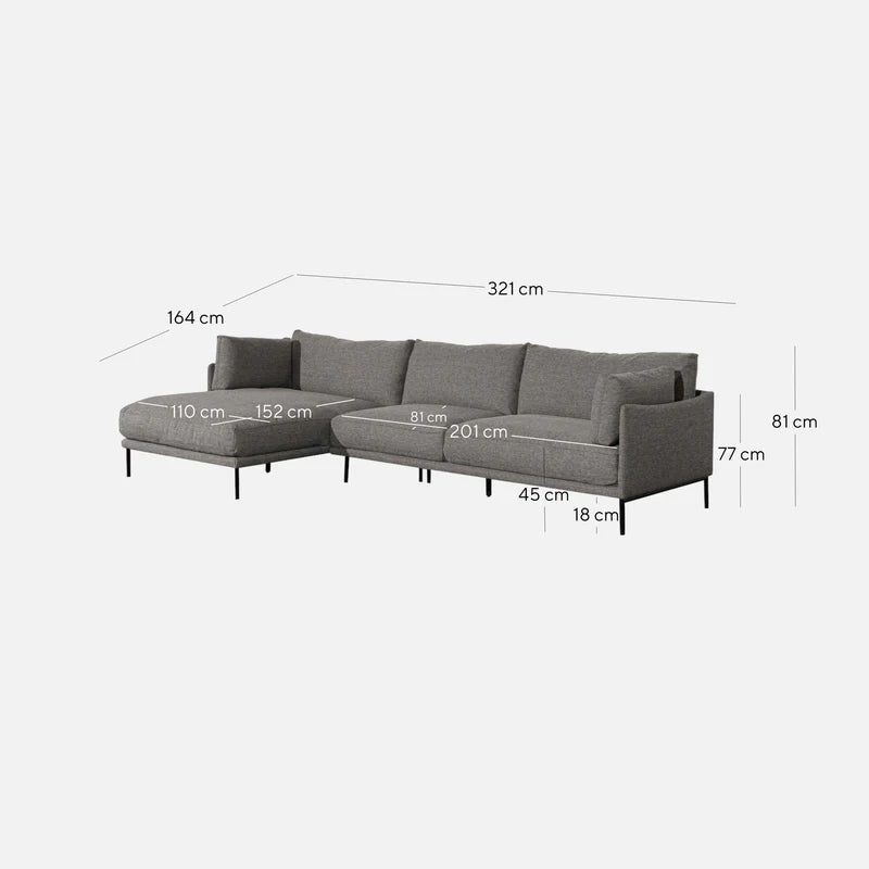 Darcy 4 Seater Left Chaise Fabric Sofa - Graphite Grey