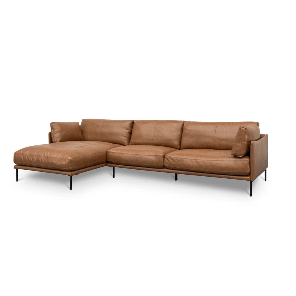 Darcy 4 Seater Left Chaise Leather Sofa - Caramel Brown