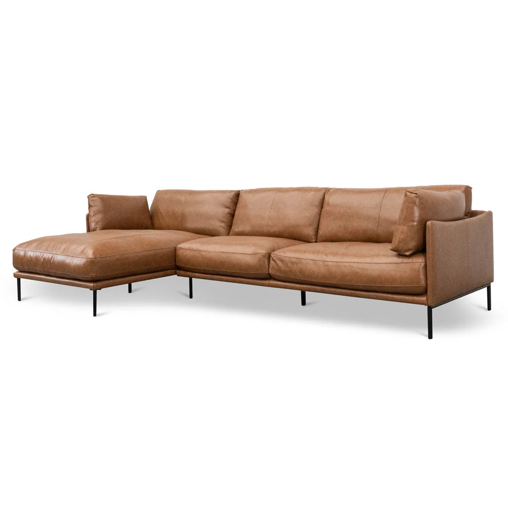 Darcy 4 Seater Left Chaise Leather Sofa - Caramel Brown