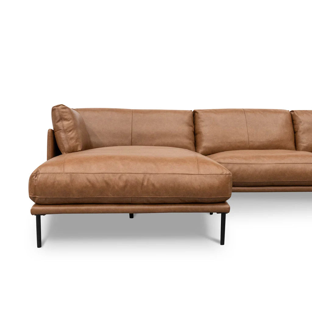 Darcy 4 Seater Left Chaise Leather Sofa - Caramel Brown