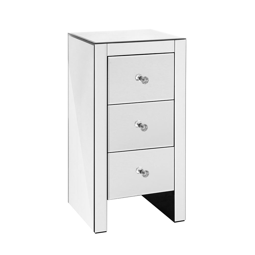 3 Drawers Mirrored Slim Bedside Table - Silver