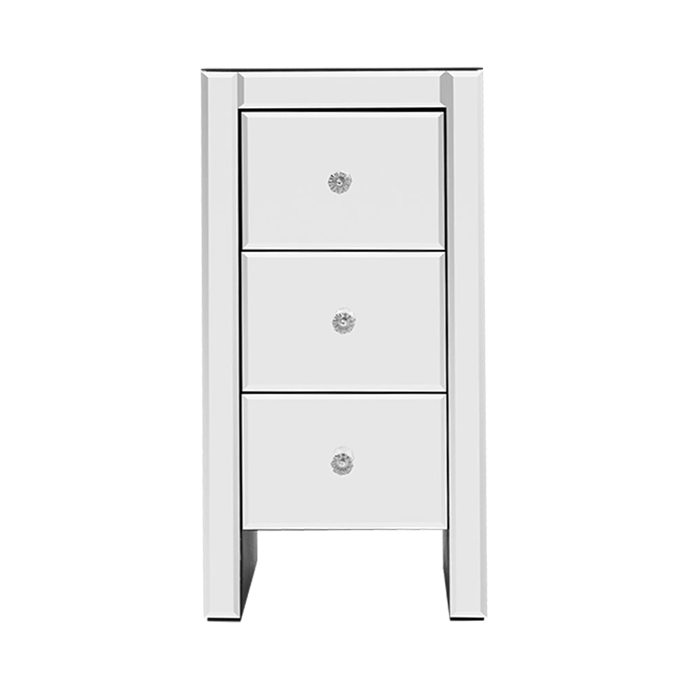 3 Drawers Mirrored Slim Bedside Table - Silver