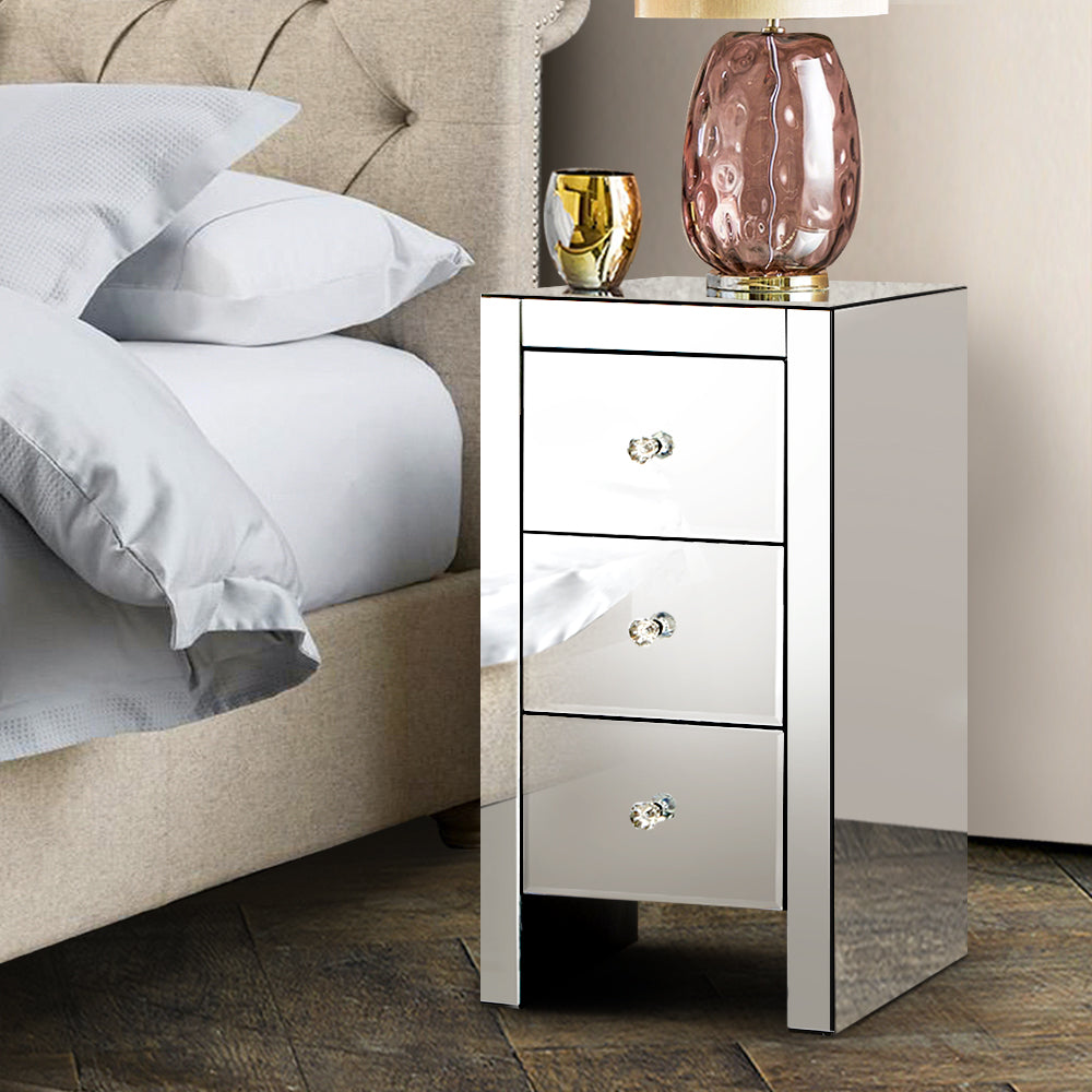 3 Drawers Mirrored Slim Bedside Table - Silver