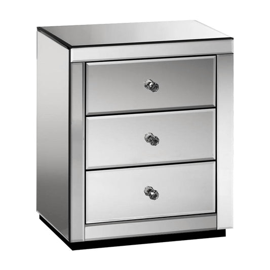 3 Drawers Mirrored Bedside Table - Grey