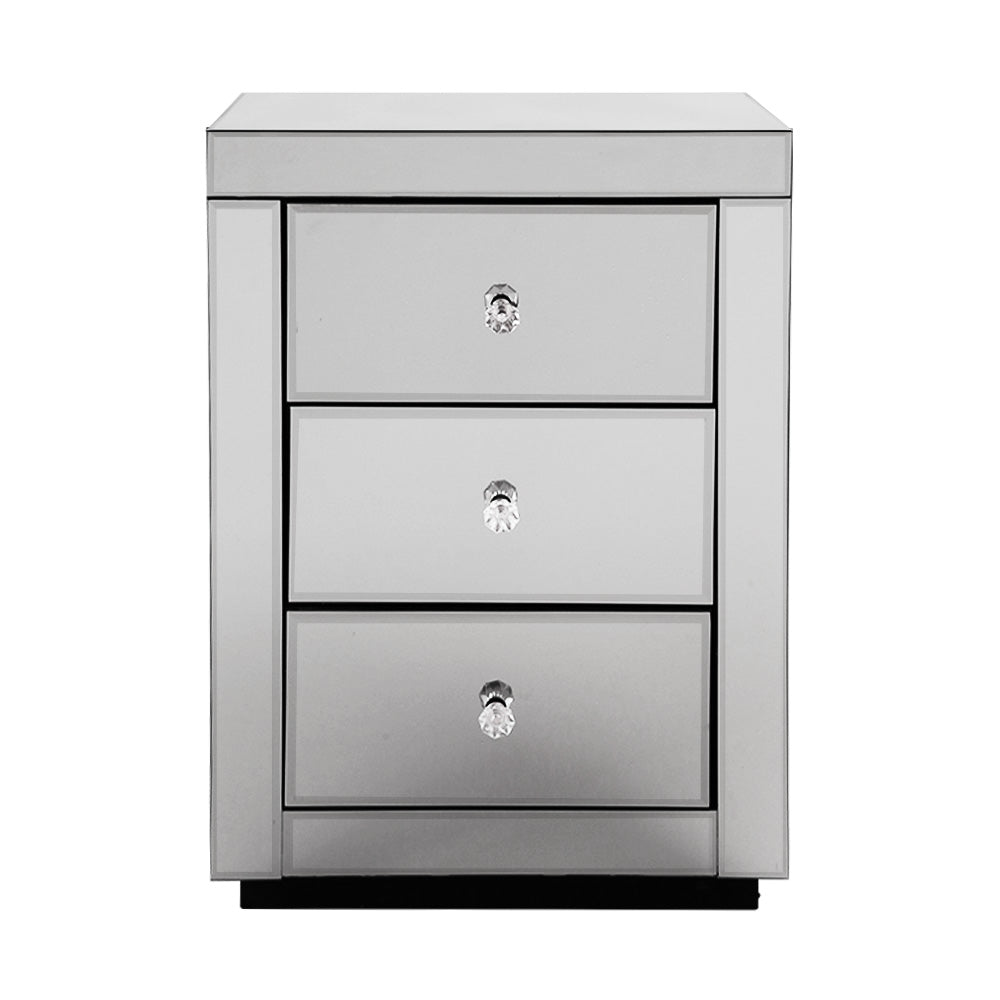 3 Drawers Mirrored Bedside Table - Grey