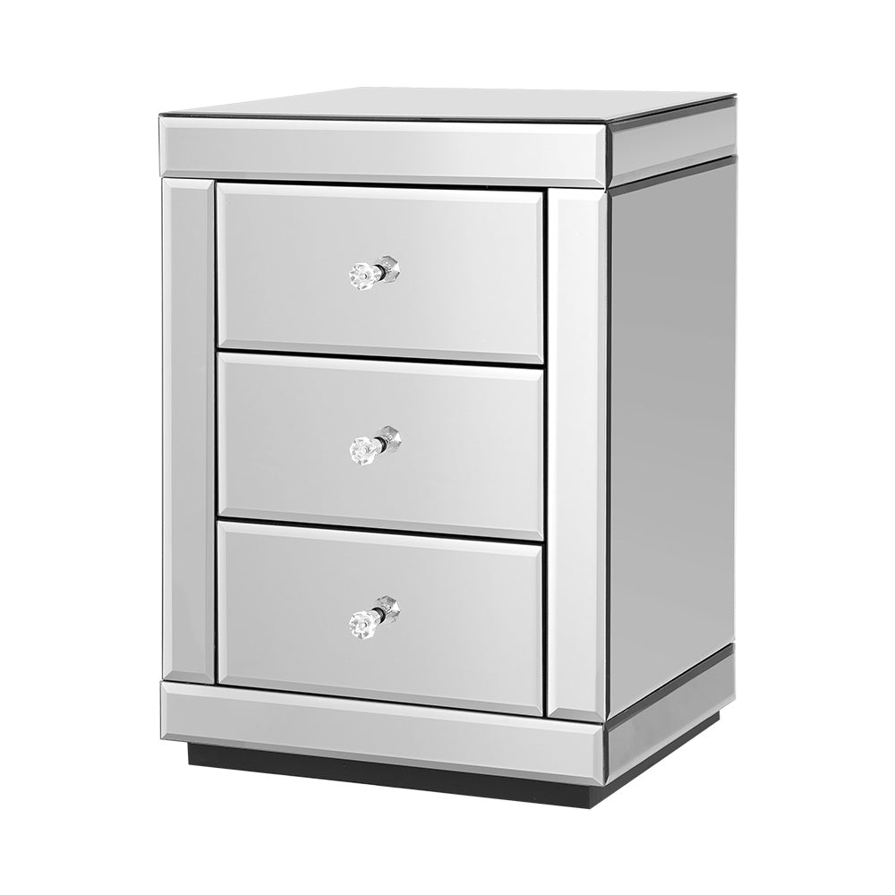 3 Drawers Mirrored Bedside Table - Silver