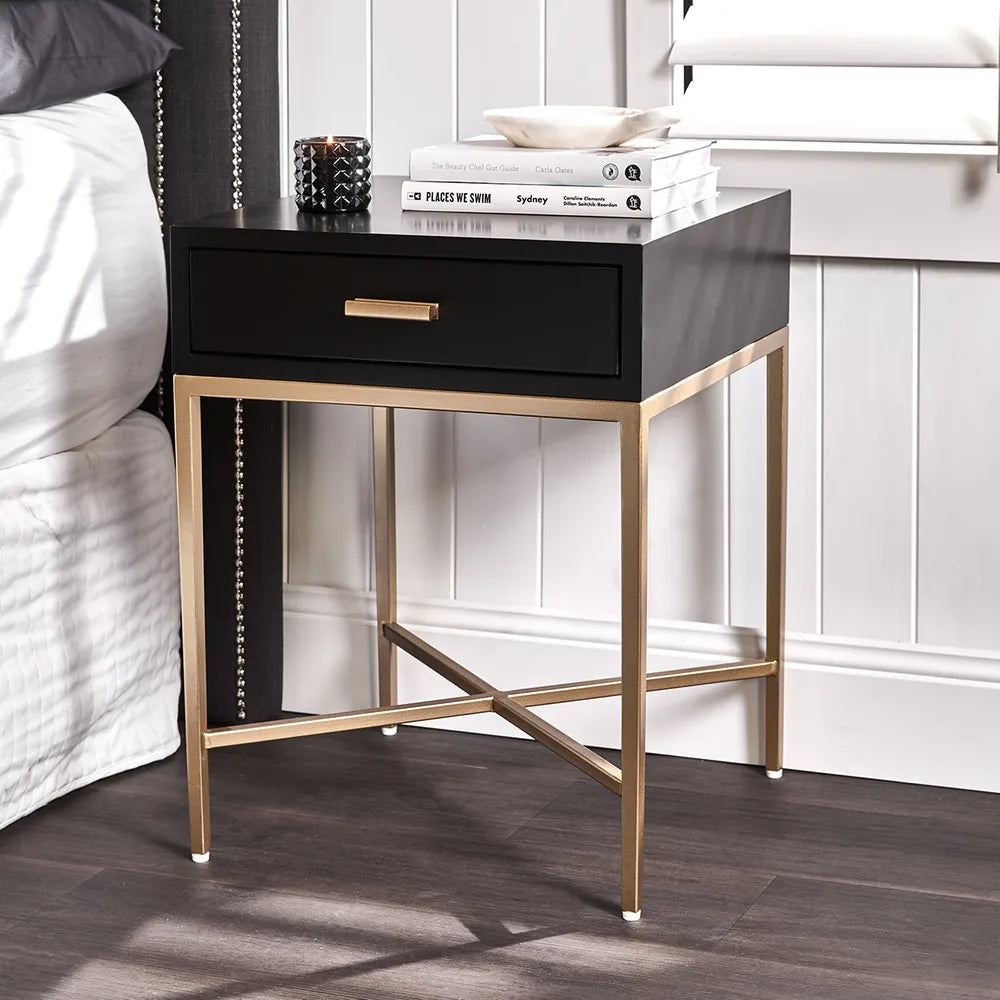 Nessa Black Bedside Table - Gold