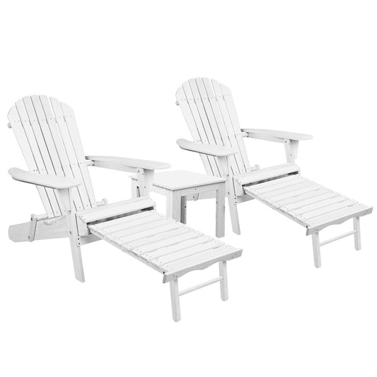 3 Piece Outdoor Adirondack Lounge Beach Chair Set - White