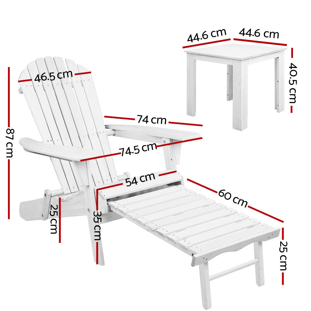 3 Piece Outdoor Adirondack Lounge Beach Chair Set - White