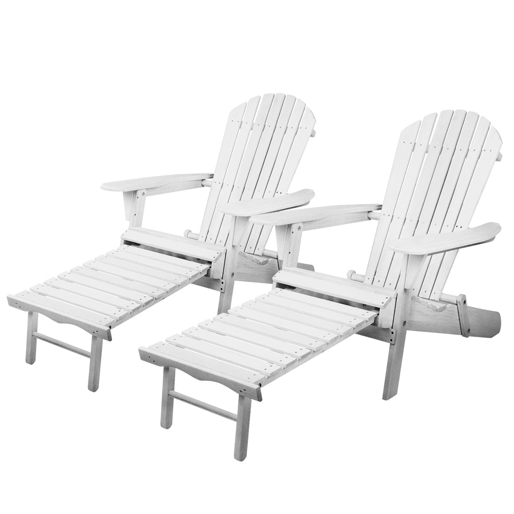 Set of 2 Outdoor Adirondack Lounge Beach Chairs with Footstools - White