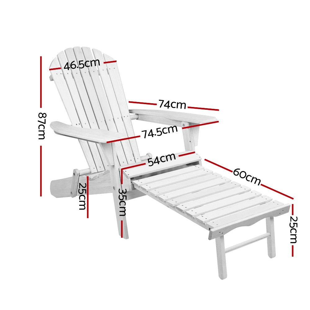 Set of 2 Outdoor Adirondack Lounge Beach Chairs with Footstools - White