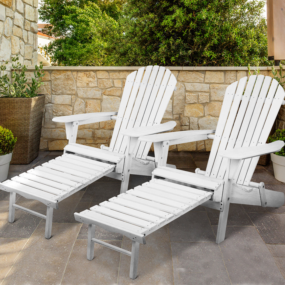 Set of 2 Outdoor Adirondack Lounge Beach Chairs with Footstools - White