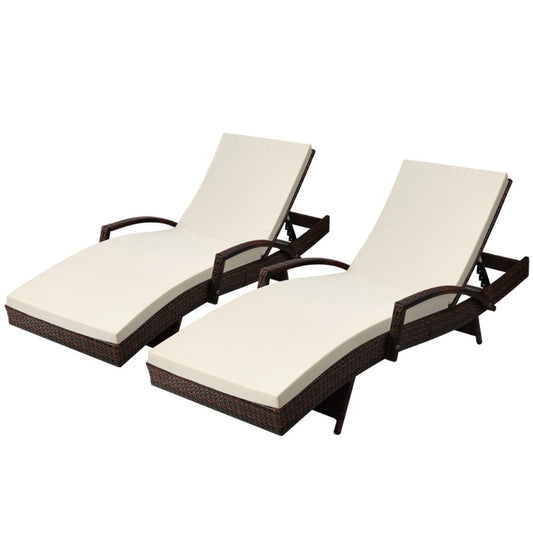 Set of 2 Rattan Sun Lounge Outdoor Furniture - Brown & Beige 