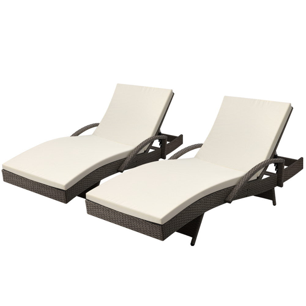 Grey & Beige Set of 2 Outdoor Sun Lounge Chair with Cushion