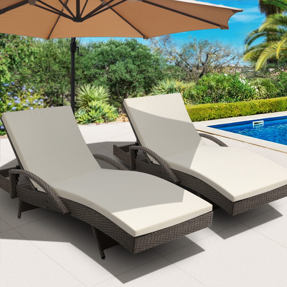 Grey & Beige Set of 2 Outdoor Sun Lounge Chair with Cushion