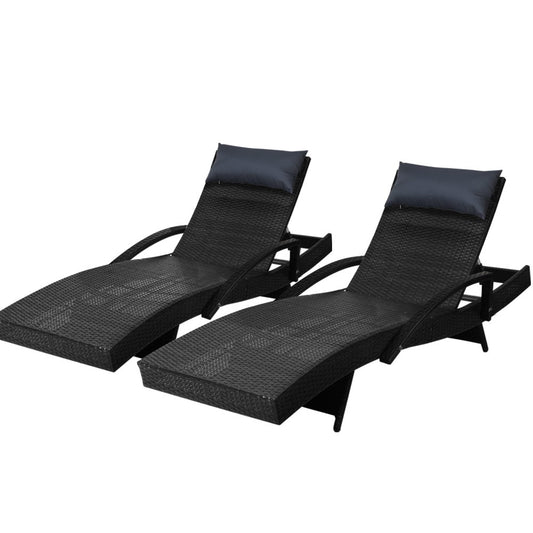 Set of 2 Sun Lounge Outdoor Furniture Wicker Lounger Rattan Day Bed Garden Patio - Black