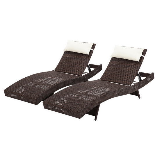 Set of 2 Sun Lounge Outdoor Furniture Wicker Lounger Rattan Day Bed Garden Patio - Brown