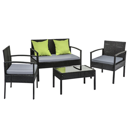 4 Seater Outdoor Rattan Sofa Lounge Setting- Black