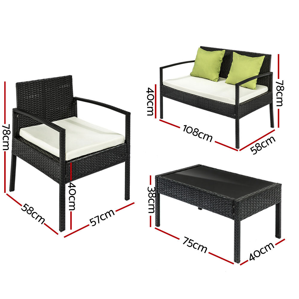 4 Seater Outdoor Rattan Sofa Lounge Setting- Black