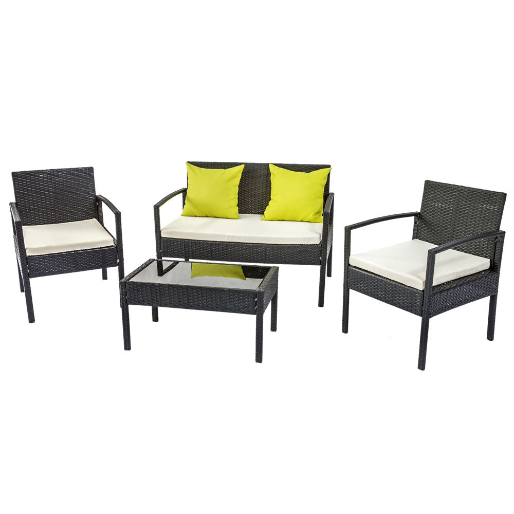 4 Seater Outdoor Rattan Sofa Lounge Setting- Black