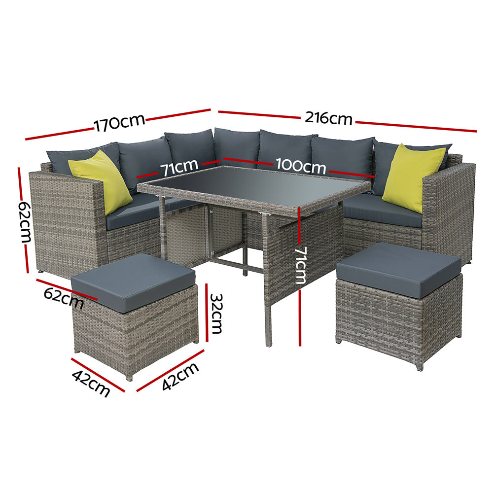 Outdoor Modular Garden Dining Sofa Table & Chair Set - Grey