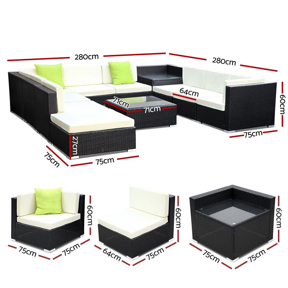 11PC Outdoor Wicker Sofa Set with Storage Cover