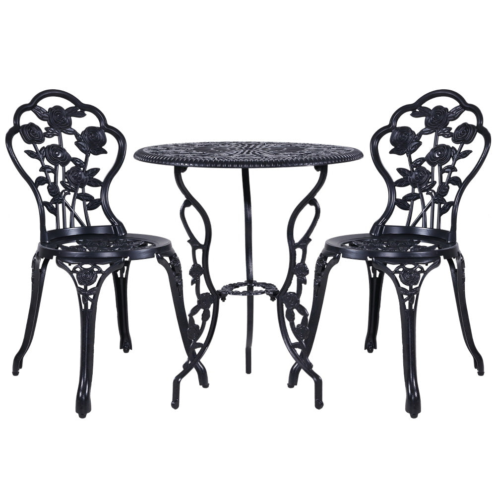 3PC Outdoor Cast Aluminium Bistro Table Chair  Setting B- Black