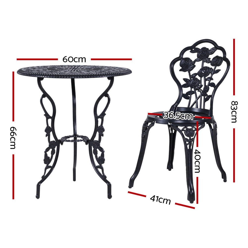 3PC Outdoor Cast Aluminium Bistro Table Chair  Setting B- Black