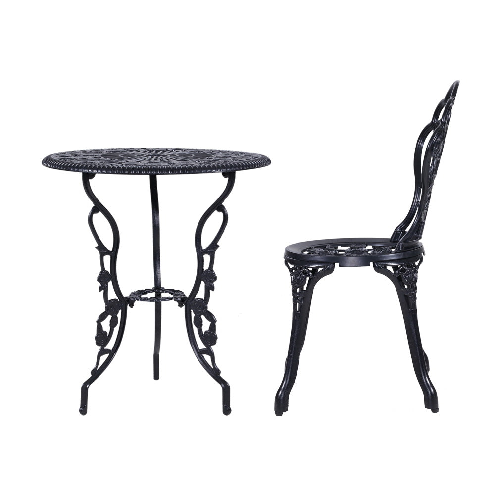 3PC Outdoor Cast Aluminium Bistro Table Chair  Setting B- Black