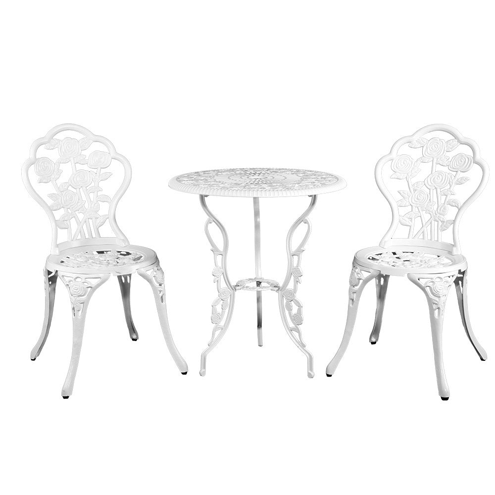 3PC Outdoor Cast Aluminium Bistro Table Chair Setting B - White