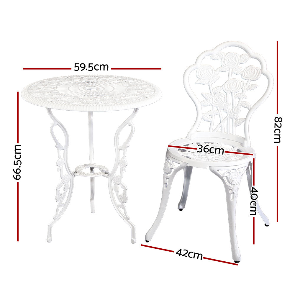 3PC Outdoor Cast Aluminium Bistro Table Chair Setting B - White