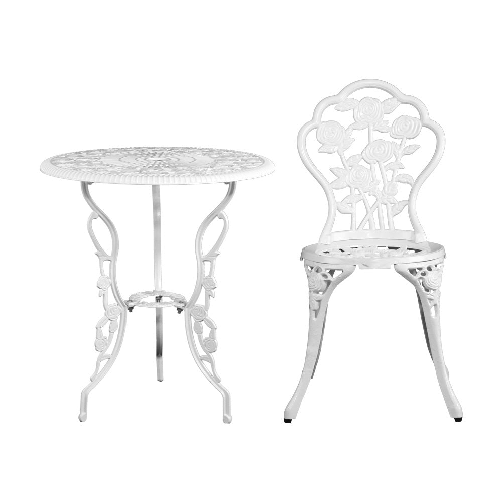 3PC Outdoor Cast Aluminium Bistro Table Chair Setting B - White