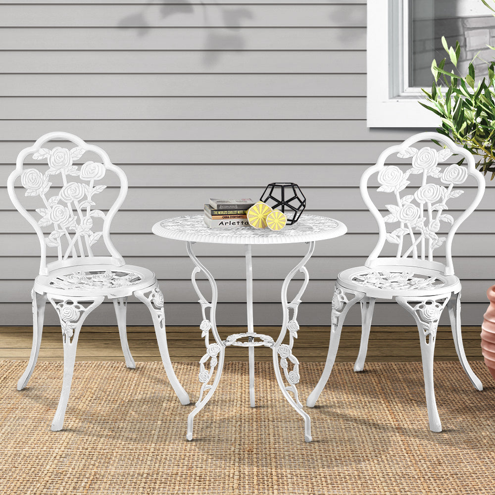 3PC Outdoor Cast Aluminium Bistro Table Chair Setting B - White