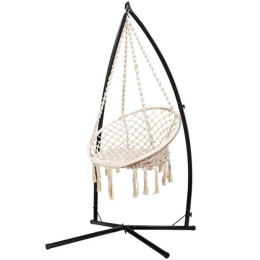 Cream Cotton Hanging Hammock Chair with Cross Base Stand 124CM Height