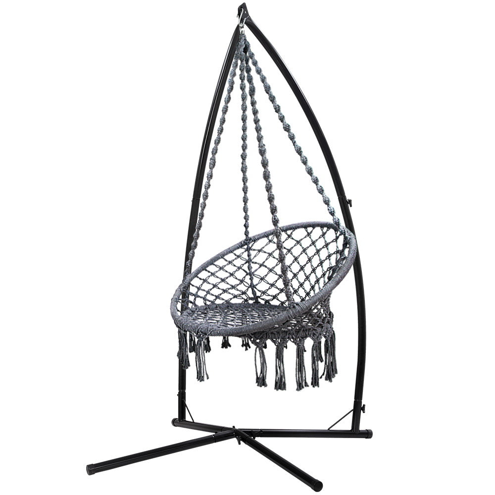 Grey Cotton Hanging Hammock Chair with Cross Base Stand 124CM Height