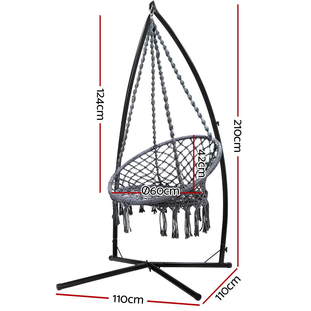 Grey Cotton Hanging Hammock Chair with Cross Base Stand 124CM Height