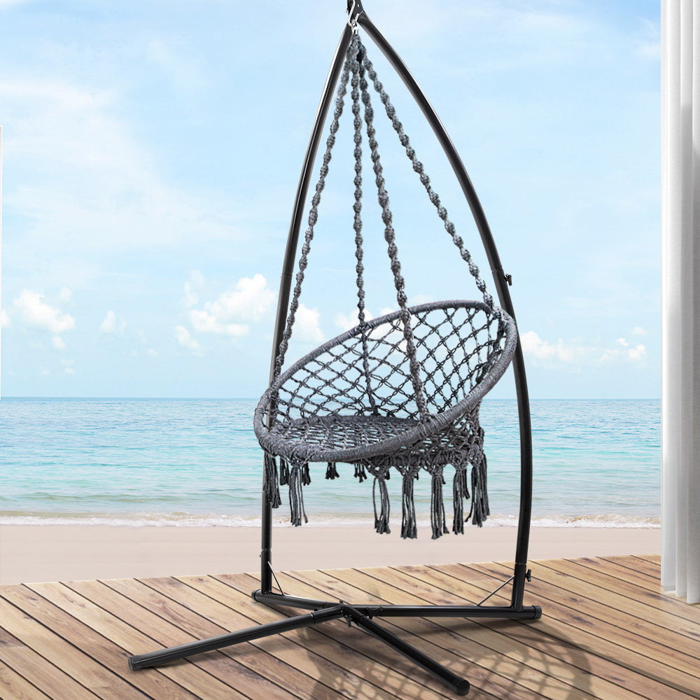 Grey Cotton Hanging Hammock Chair with Cross Base Stand 124CM Height