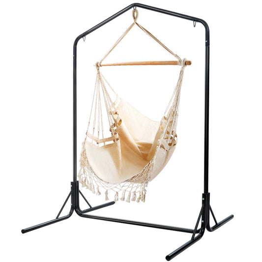 Tassel Hanging Rope Hammock Cream with Stand 160cm x 140cm x 205cm