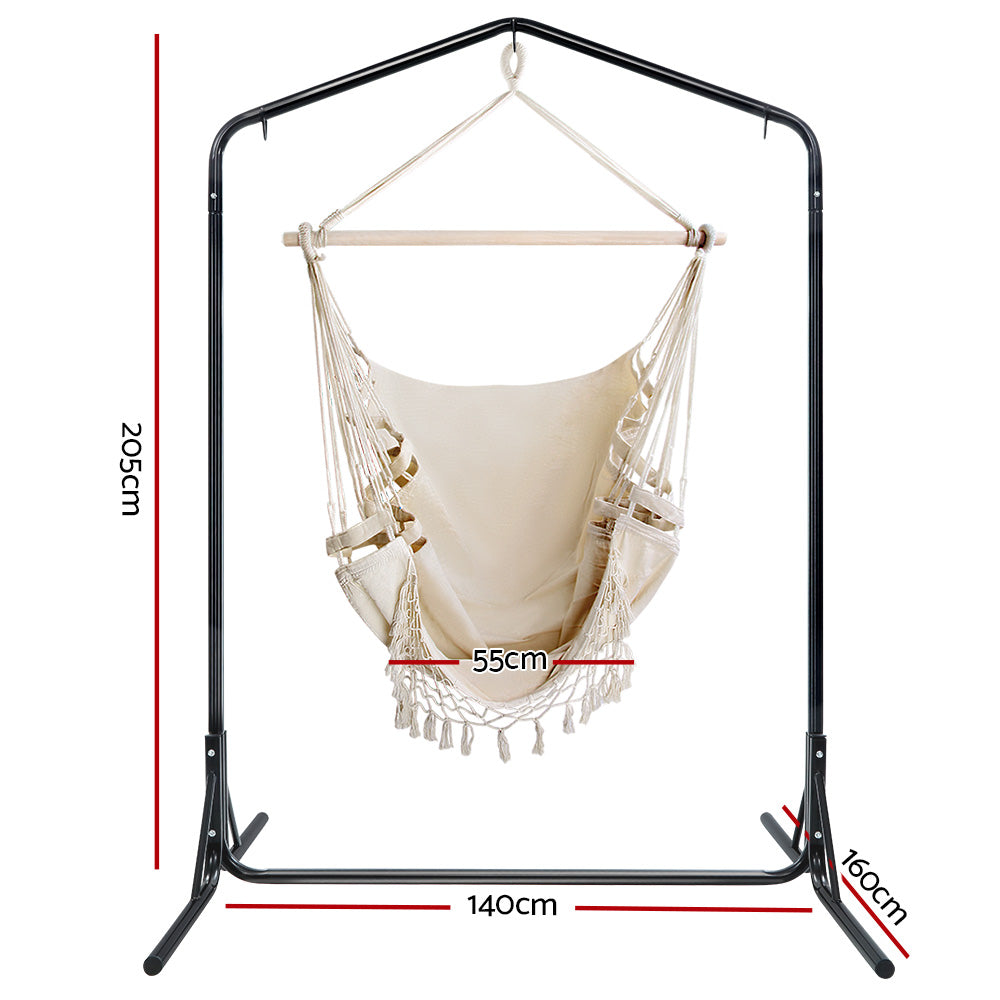 Tassel Hanging Rope Hammock Cream with Stand 160cm x 140cm x 205cm