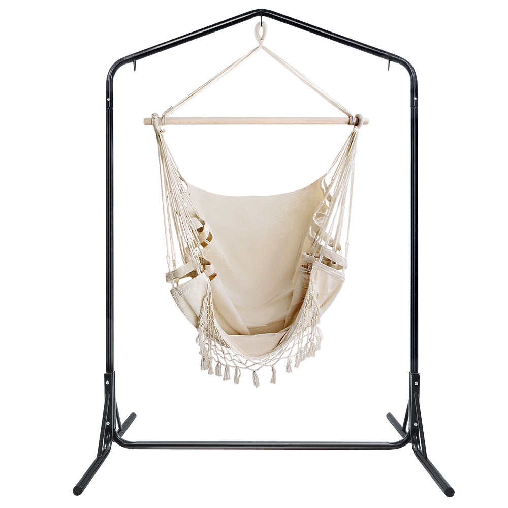 Tassel Hanging Rope Hammock Cream with Stand 160cm x 140cm x 205cm