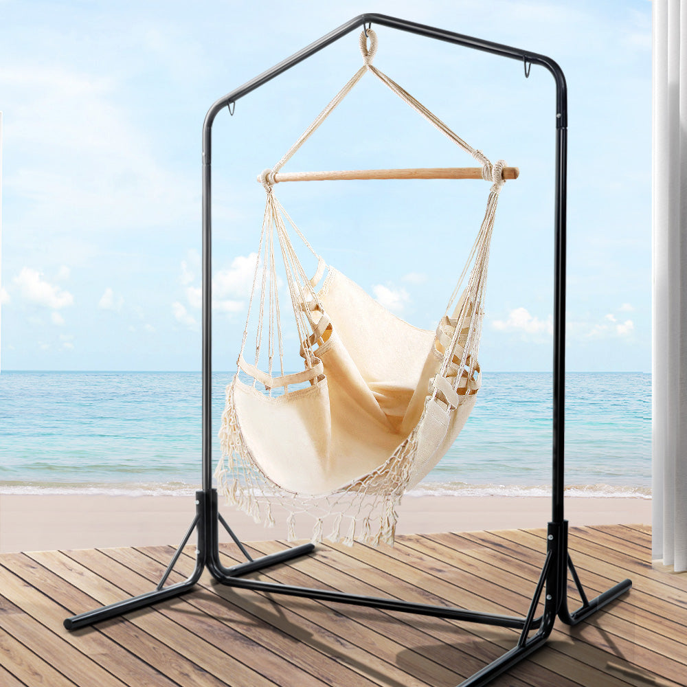 Tassel Hanging Rope Hammock Cream with Stand 160cm x 140cm x 205cm