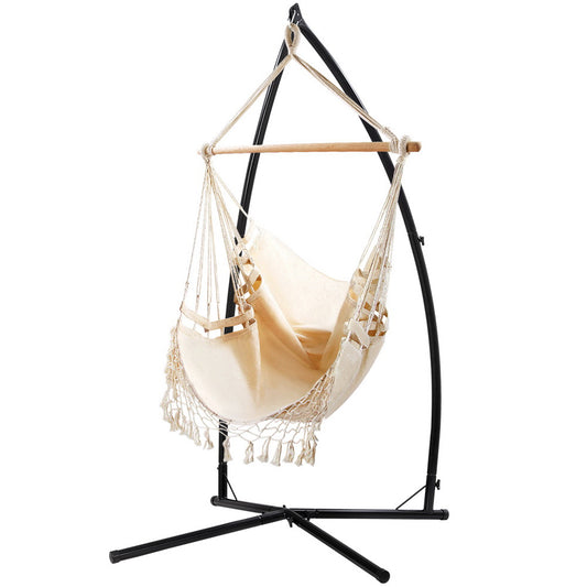 Tassel Hanging Rope Hammock Cream with Stand - 110cm x 110cm x 210cm